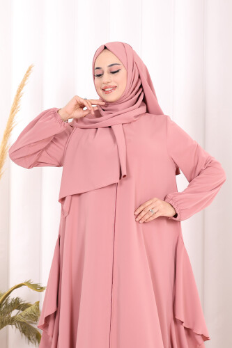 Umre Yan Fırfır Detaylı Ferace ŞAL HEDİYE 7057 Pudra - 5