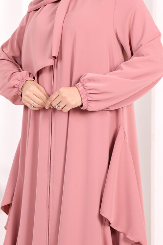 Umre Yan Fırfır Detaylı Ferace ŞAL HEDİYE 7057 Pudra - 6