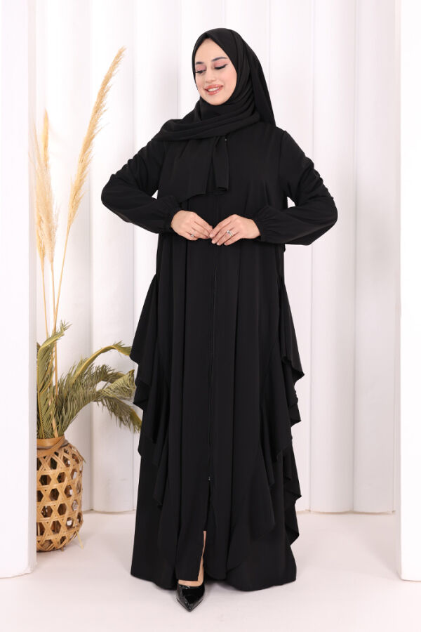 Umre Yan Fırfır Detaylı Ferace ŞAL HEDİYE 7057 Siyah - 1