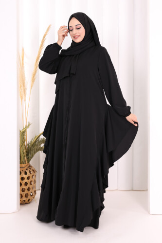 Umre Yan Fırfır Detaylı Ferace ŞAL HEDİYE 7057 Siyah - 2