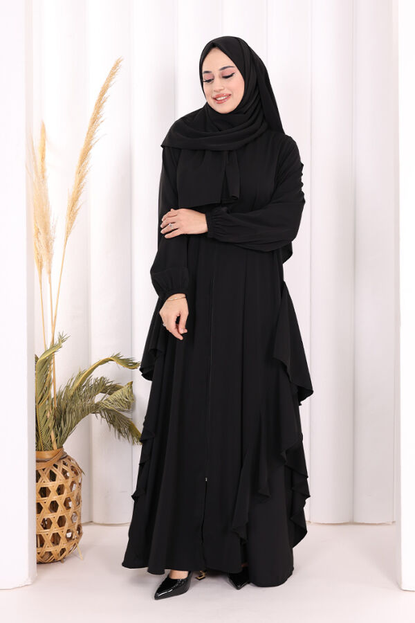 Umre Yan Fırfır Detaylı Ferace ŞAL HEDİYE 7057 Siyah - 3