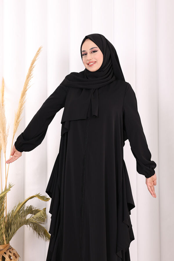 Umre Yan Fırfır Detaylı Ferace ŞAL HEDİYE 7057 Siyah - 5