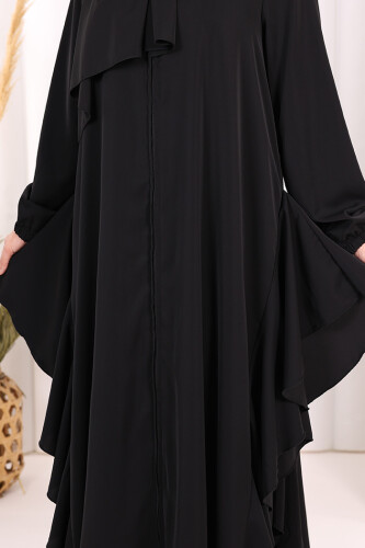 Umre Yan Fırfır Detaylı Ferace ŞAL HEDİYE 7057 Siyah - 6
