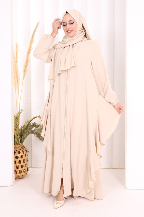 Umre Yan Fırfır Detaylı Ferace ŞAL HEDİYE 7057 Taş - 2