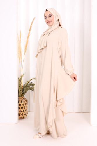 Umre Yan Fırfır Detaylı Ferace ŞAL HEDİYE 7057 Taş - 3