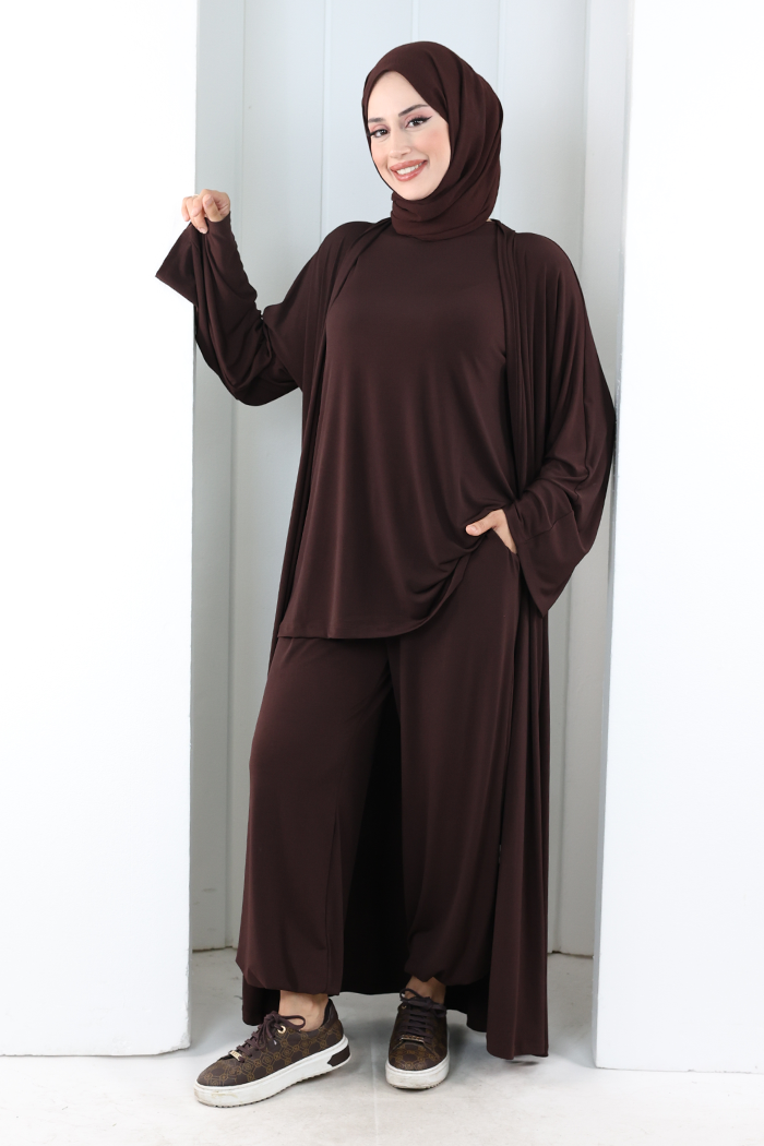 Uzun Hırkalı Üçlü Takım 8713 Kahverengi - 2