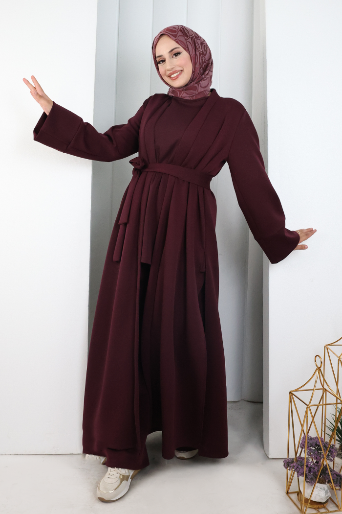 Uzun Hırkalı Üçlü Takım 8716 Mürdüm - 3