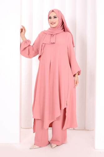 Verevli Tunik, Pantolon Takım Şal  HEDİYE   3937 Gül Kurusu 