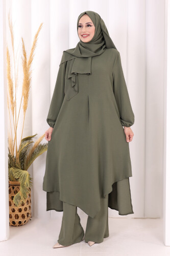 Verevli Tunik, Pantolon Takım Şal  HEDİYE   3937 Haki 