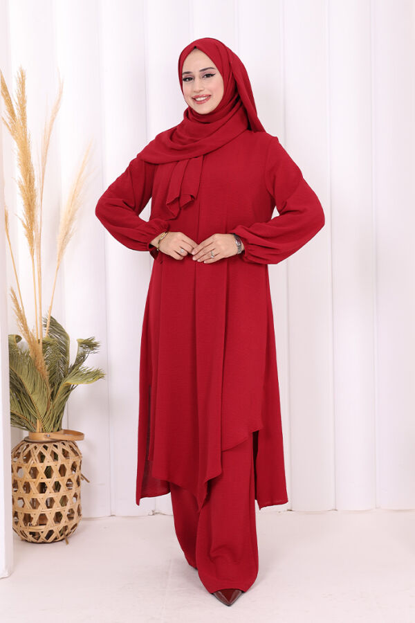 Verevli Tunik, Pantolon Takım Şal HEDİYE 3937 Bordo - 2
