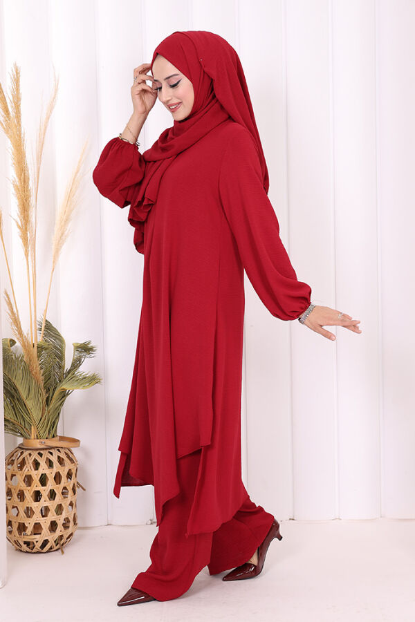 Verevli Tunik, Pantolon Takım Şal HEDİYE 3937 Bordo - 3