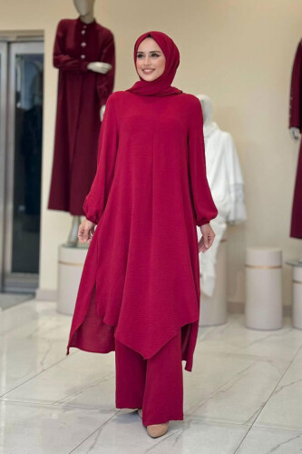 Verevli Tunik, Pantolon Takım Şal  HEDİYE   3937 Bordo