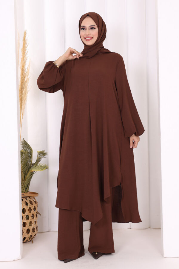 Verevli Tunik, Pantolon Takım Şal  HEDİYE   3937 Kahverengi - 1