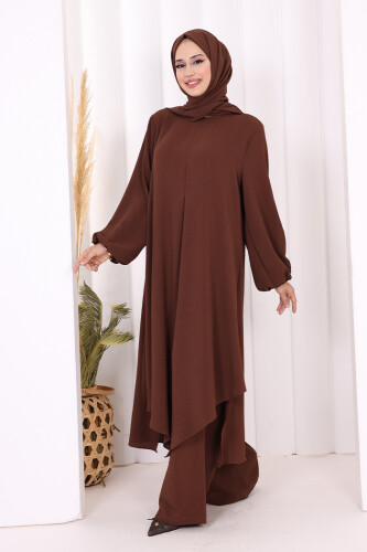 Verevli Tunik, Pantolon Takım Şal  HEDİYE   3937 Kahverengi - 2