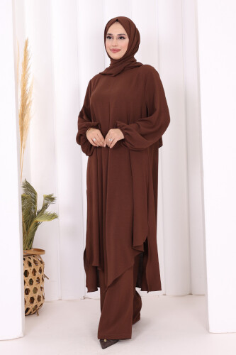 Verevli Tunik, Pantolon Takım Şal  HEDİYE   3937 Kahverengi - 3