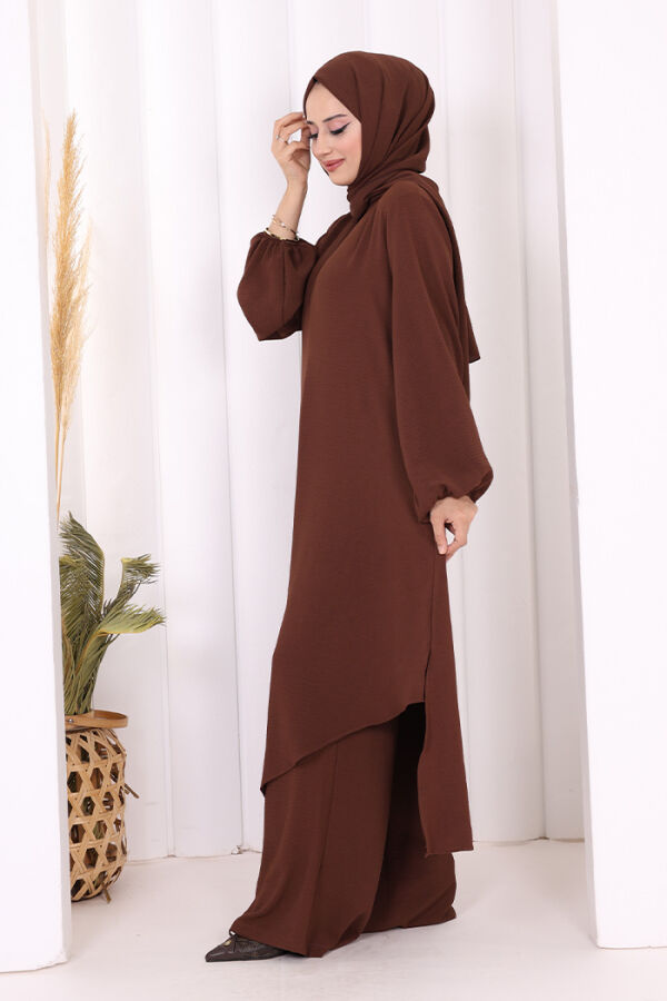 Verevli Tunik, Pantolon Takım Şal  HEDİYE   3937 Kahverengi - 4