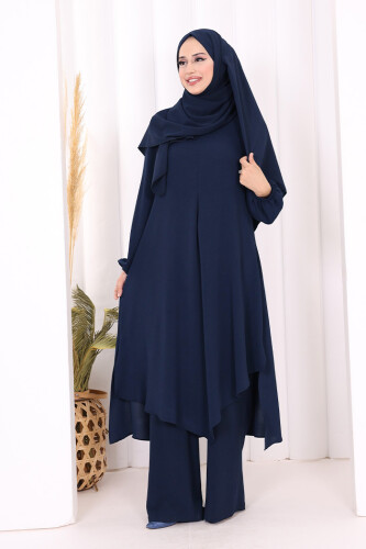 Verevli Tunik, Pantolon ve Şal Üçlü Takım 3937 Lacivert - 2