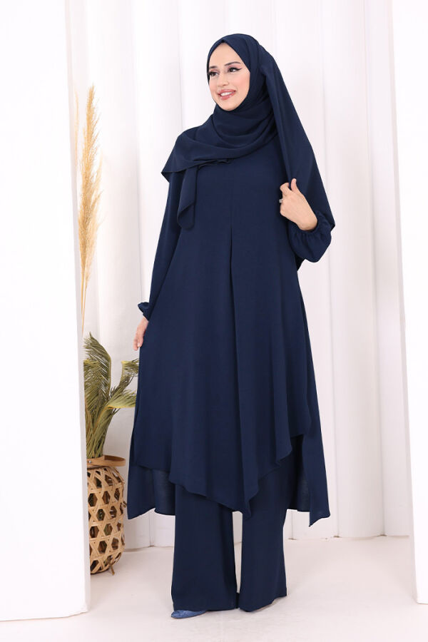 Verevli Tunik, Pantolon ve Şal Üçlü Takım 3937 Lacivert - 2