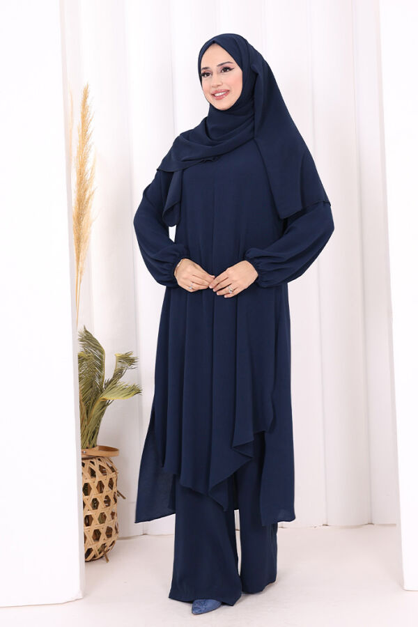 Verevli Tunik, Pantolon ve Şal Üçlü Takım 3937 Lacivert - 3