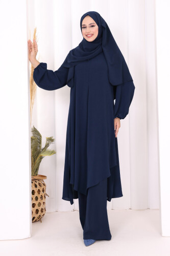 Verevli Tunik, Pantolon ve Şal Üçlü Takım 3937 Lacivert - Bym Fashion