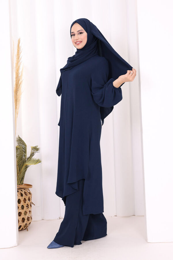 Verevli Tunik, Pantolon ve Şal Üçlü Takım 3937 Lacivert - 4