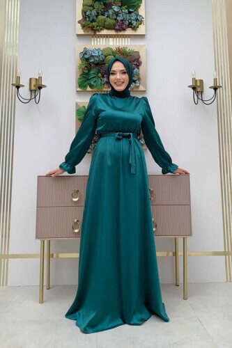 Waist Sash Detail Plain Satin Evening Dress 3791 Emerald 