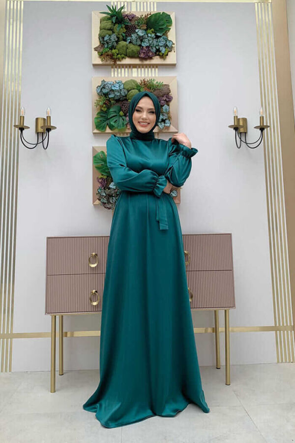 Waist Sash Detail Plain Satin Evening Dress 3791 Emerald - 2