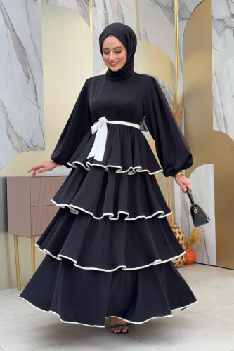 Kleid mit mehrlagigem Detail und Taillengürtel 6029 Schwarz 