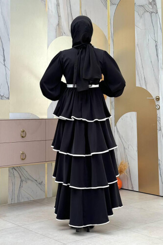 Kleid mit mehrlagigem Detail und Taillengürtel 6029 Schwarz - 2