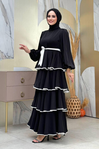 Kleid mit mehrlagigem Detail und Taillengürtel 6029 Schwarz - 3