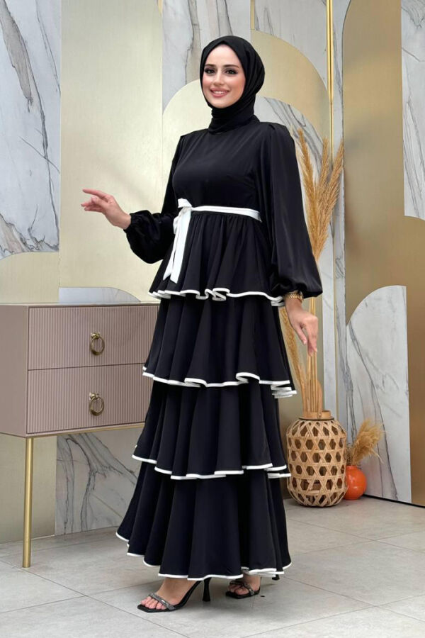 Kleid mit mehrlagigem Detail und Taillengürtel 6029 Schwarz - 3