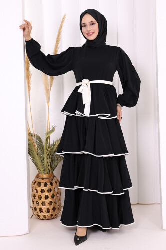 Kleid mit mehrlagigem Detail und Taillengürtel 6029 Schwarz - Bym Fashion