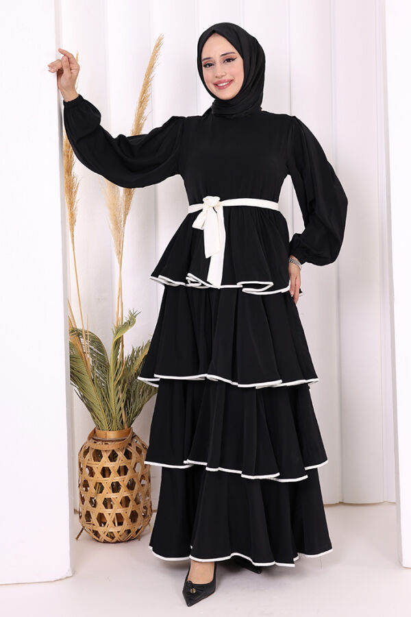 Kleid mit mehrlagigem Detail und Taillengürtel 6029 Schwarz - 1