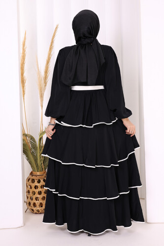 Kleid mit mehrlagigem Detail und Taillengürtel 6029 Schwarz - 3