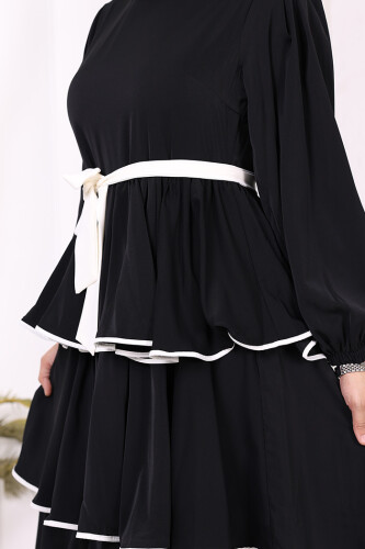 Kleid mit mehrlagigem Detail und Taillengürtel 6029 Schwarz - 5
