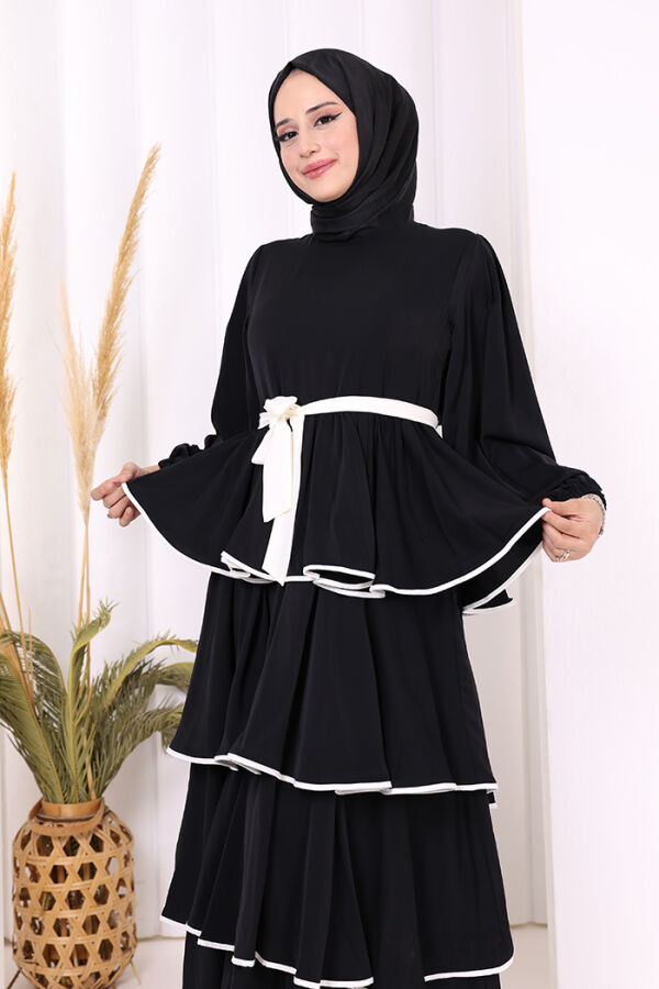 Waist Belted Layered Detail Dress 6029 Black - 4
