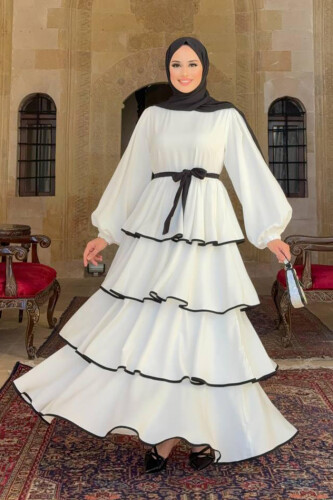 Kleid mit Lagendetail und Taillengürtel 6029 Ecru 