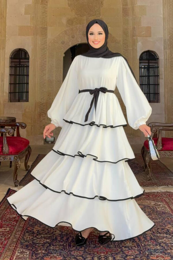 Kleid mit Lagendetail und Taillengürtel 6029 Ecru - 1