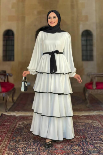 Kleid mit Lagendetail und Taillengürtel 6029 Ecru - 2