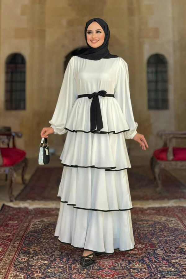 Kleid mit Lagendetail und Taillengürtel 6029 Ecru - 2