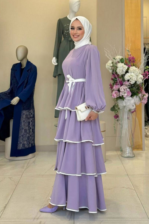 Kleid mit Lagendetail und Taillengürtel 6029 Lila - 3