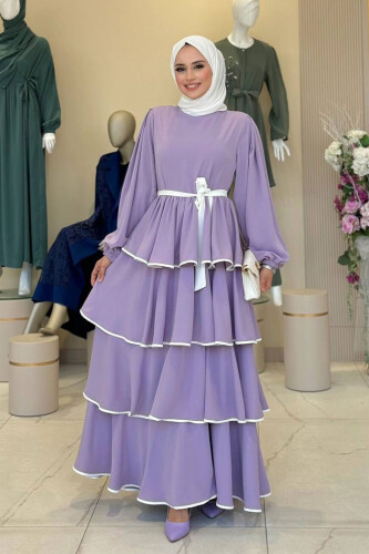 Waist Belted Layer Detail Dress 6029 Lilac 