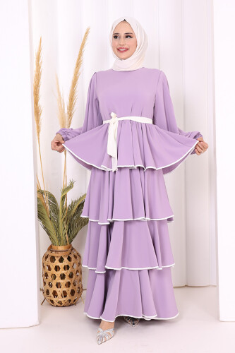 Waist Belted Layer Detail Dress 6029 Lilac - 2