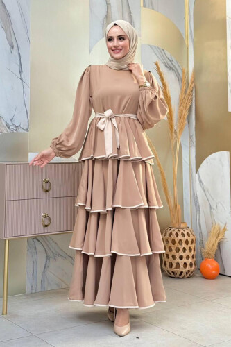 Kleid mit Lagendetail und Taillengürtel 6029 Nerz - 1