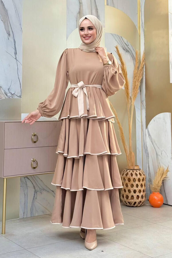 Kleid mit Lagendetail und Taillengürtel 6029 Nerz - 1