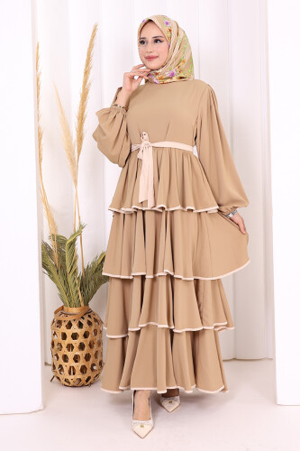 Kleid mit Lagendetail und Taillengürtel 6029 Nerz - 2