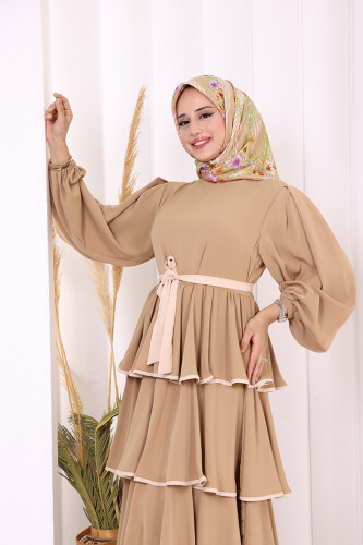 Kleid mit Lagendetail und Taillengürtel 6029 Nerz - 5