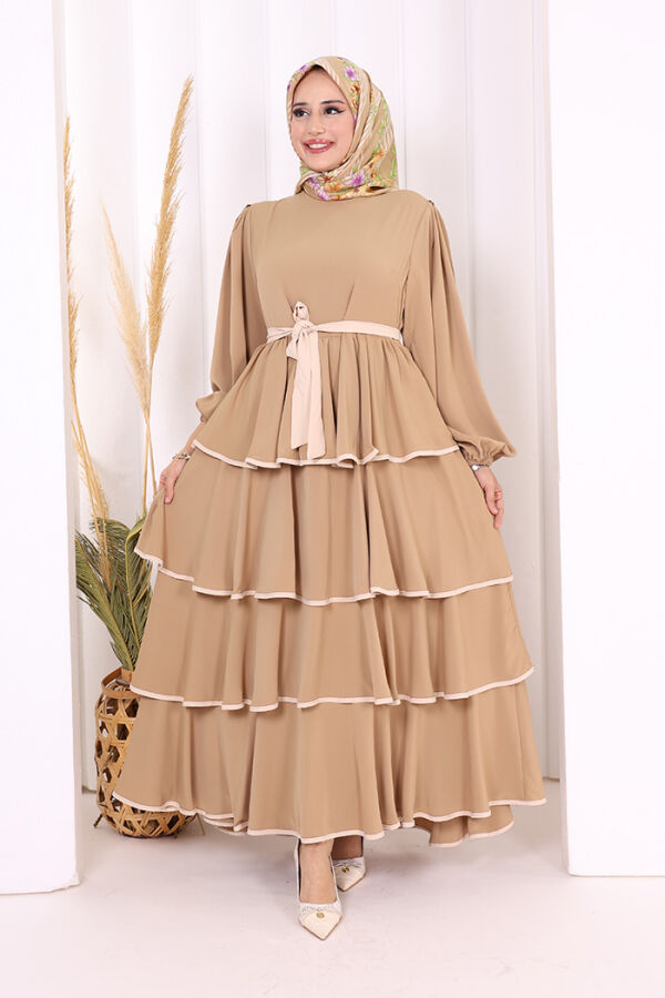 Waist Belted Layer Detail Dress 6029 Mink - 1