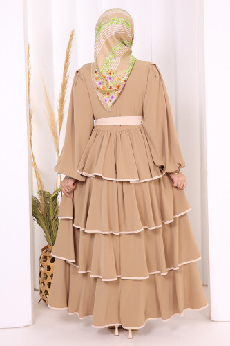 Waist Belted Layer Detail Dress 6029 Mink - 4