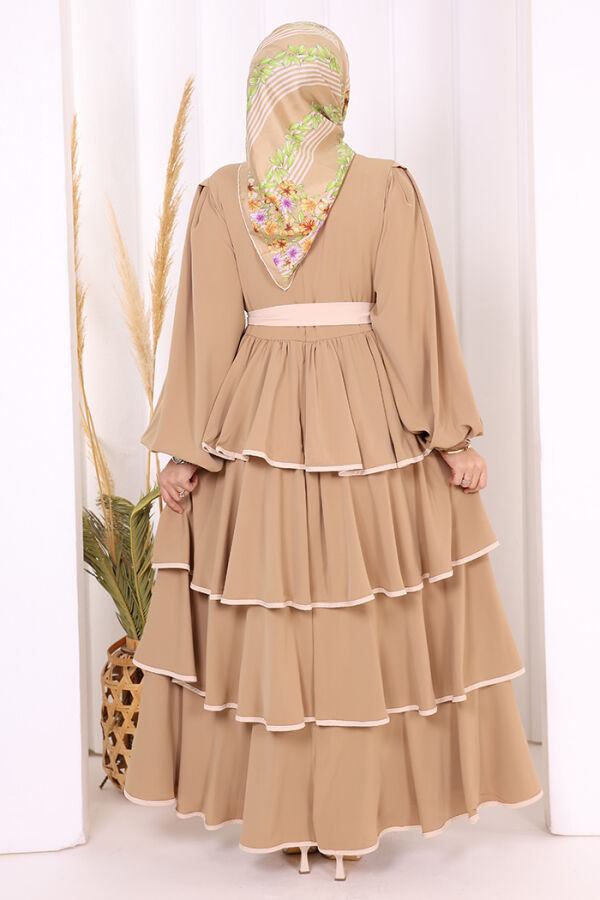 Waist Belted Layer Detail Dress 6029 Mink - 4